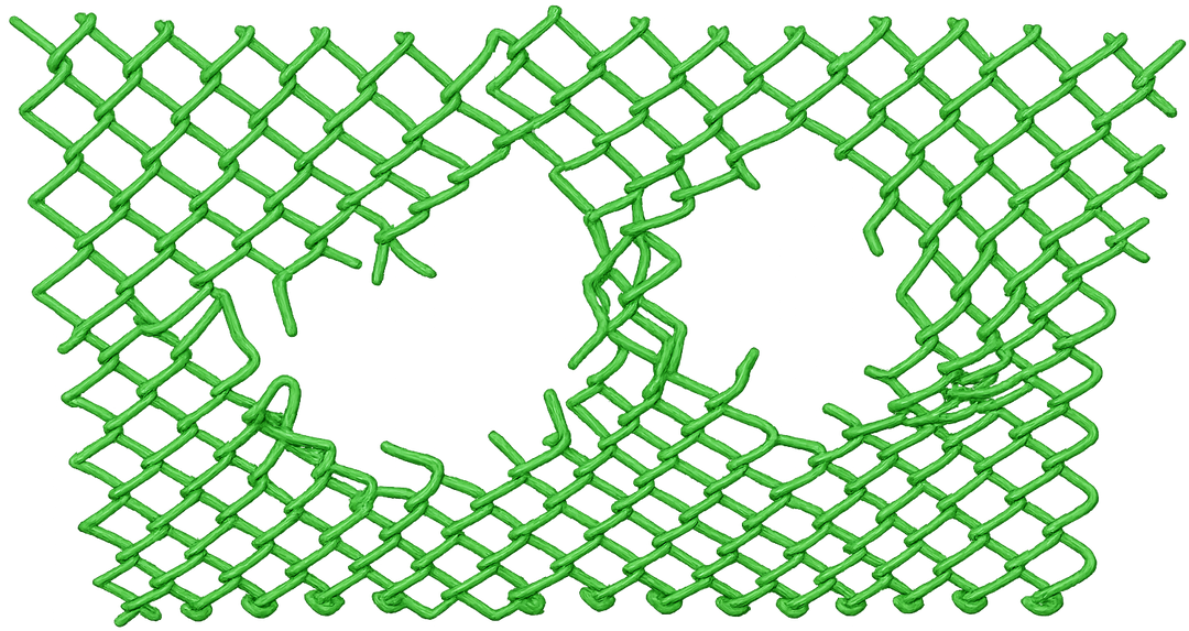 A green chain-link fence with a hole torn through it — the barrier between problem and solution, broken open
