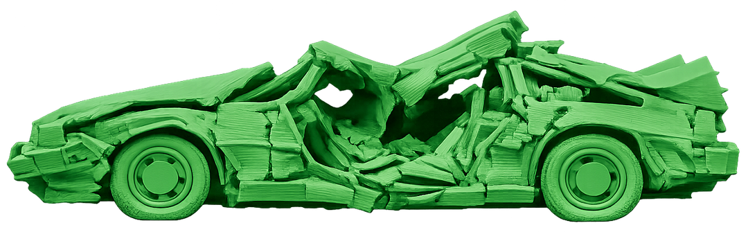 A green clay car crushed and mangled from every direction — scope explosion made physical