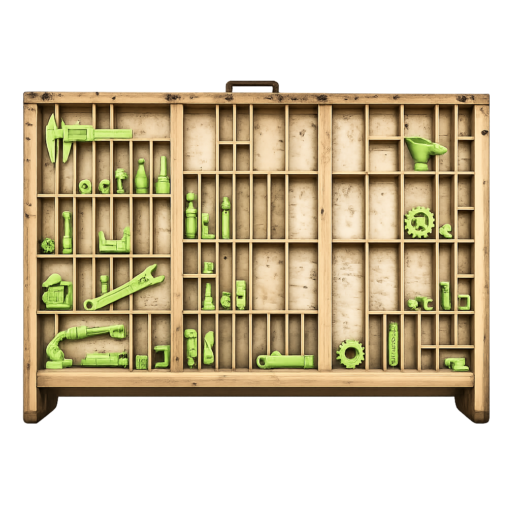 A wooden printer's tray with green tools sorted into compartments — ideas organized but parked