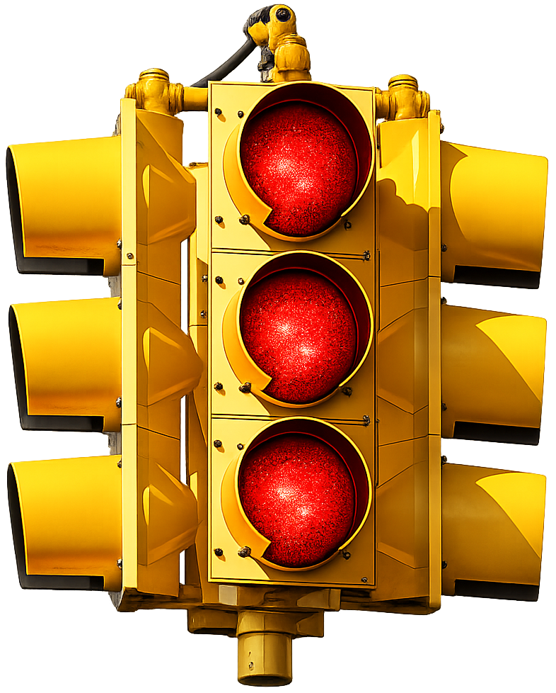 A clay traffic signal — red, yellow, green — ideas waiting for their turn